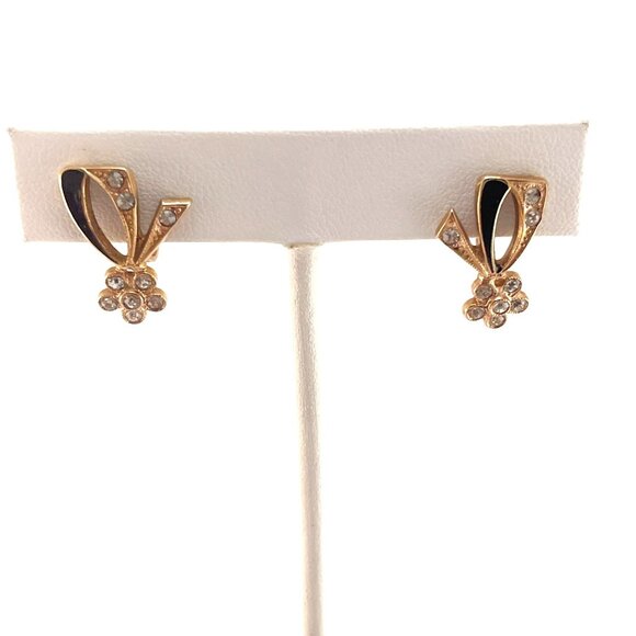 Petite Screw Back Earrings Circa 1950 Black Enamel Gold Tone Metal - Picture 3 of 9